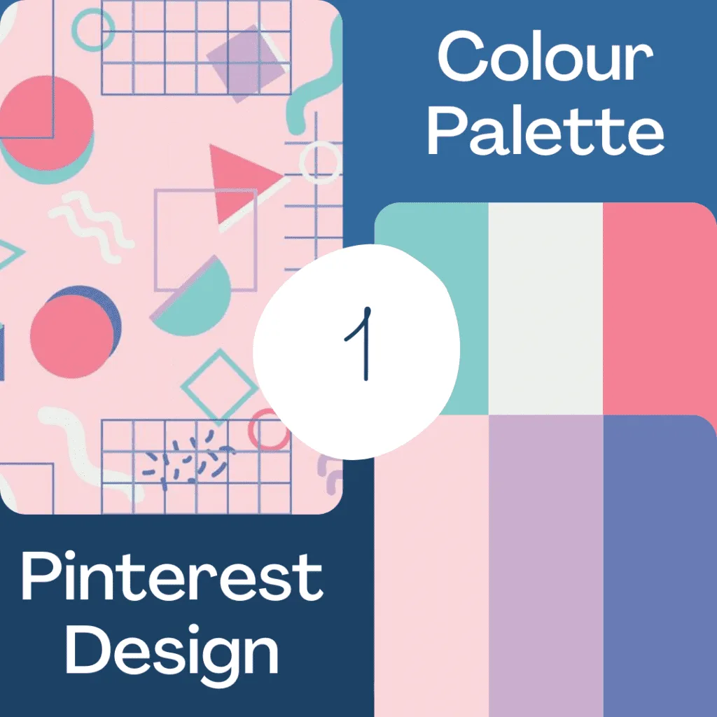 Memphis Design: 5 Things You Need to Know 3 Picture of the Memphis-style design number 1. It is a design with pink, green, and purple with varying shapes on the design. It has the colour palette on the right and the design on the left.