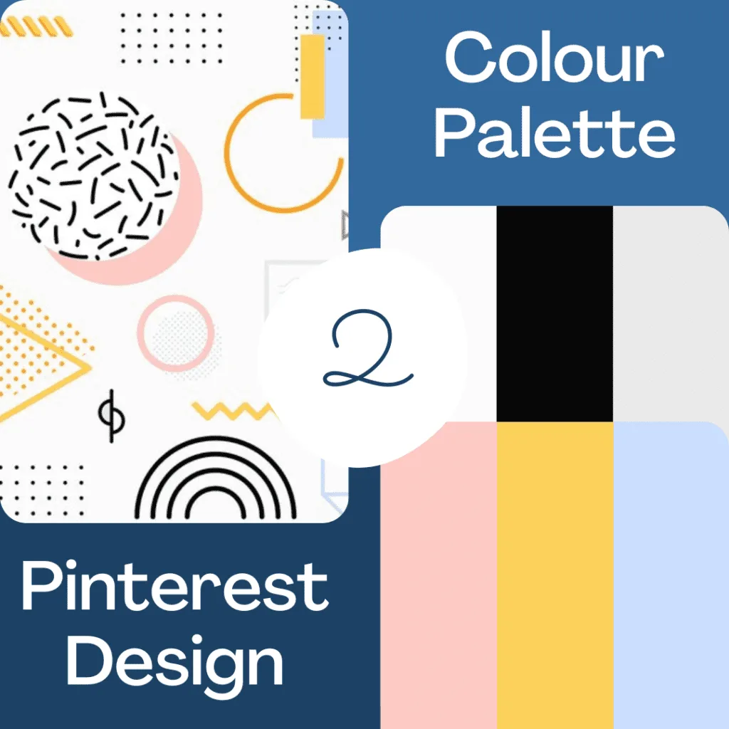 Memphis Design: 5 Things You Need to Know 4 Picture of the Memphis-style design number 2. It is a design with pink, yellow, white and blue with varying shapes on the design. It has the colour palette on the right and the design on the left.