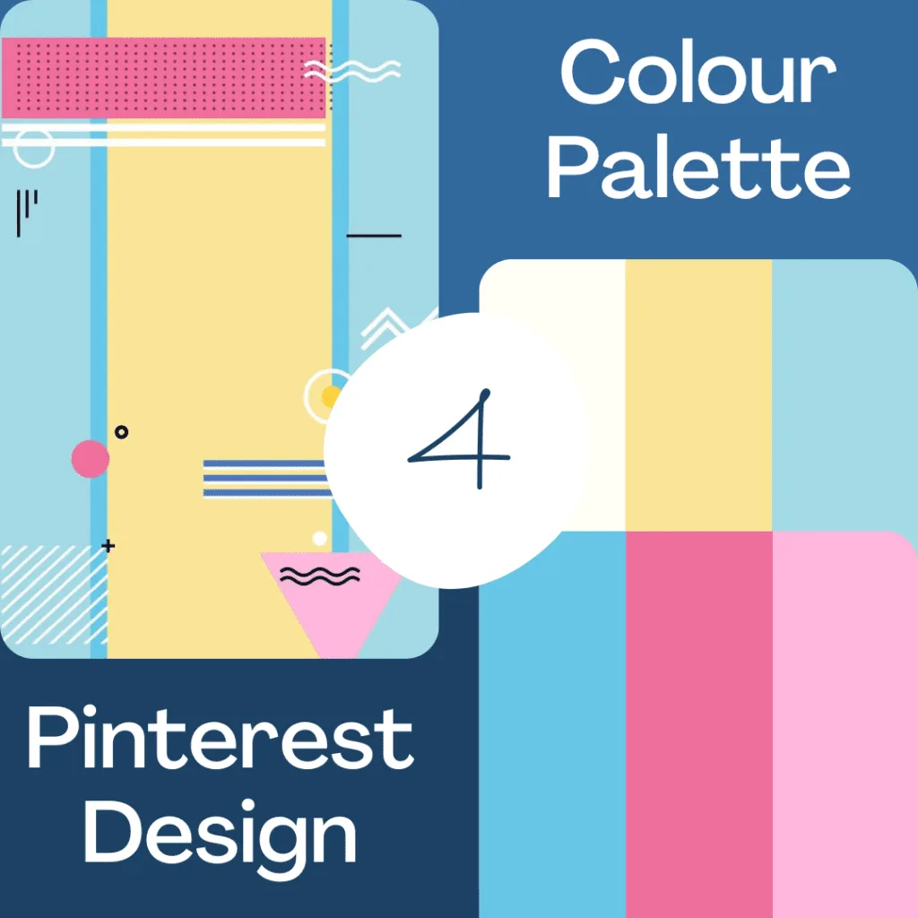 Memphis Design: 5 Things You Need to Know 6 Picture of the Memphis-style design number 4. It is a design with pink, yellow and blue with varying shapes on the design. It has the colour palette on the right and the design on the left.