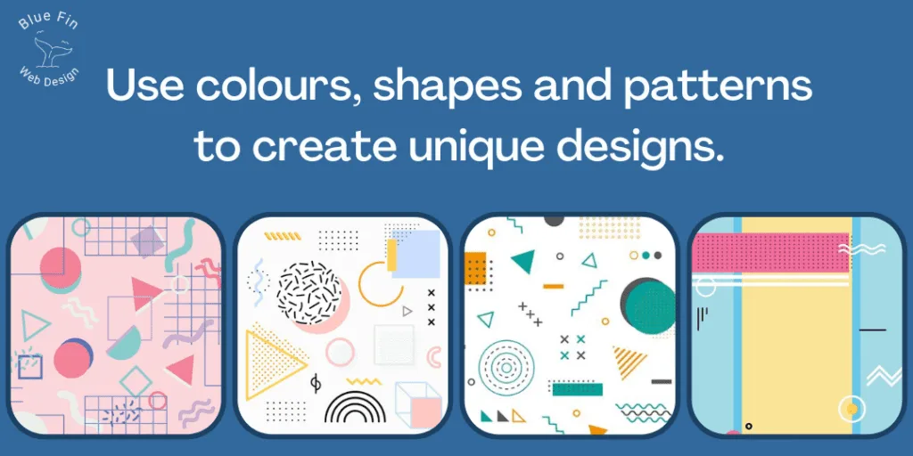 Memphis Design: 5 Things You Need to Know 13 4 examples with text that reads "use colours, shapes and patterns to create unique designs".