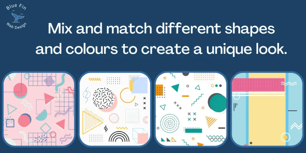 Memphis Design: 5 Things You Need to Know 11 4 examples of memphis design with text that reads "mix and match different shapes and colours to create a unique look".